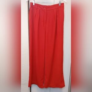 Women Red Pleated Wide Leg Trousers Size Large Pants Office Career Preppy Party